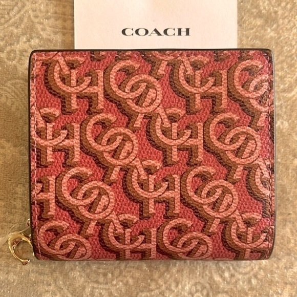 Brand New Coach Snap Wallet w/ Signature Monogram Print Rouge Leather - Picture 1 of 15